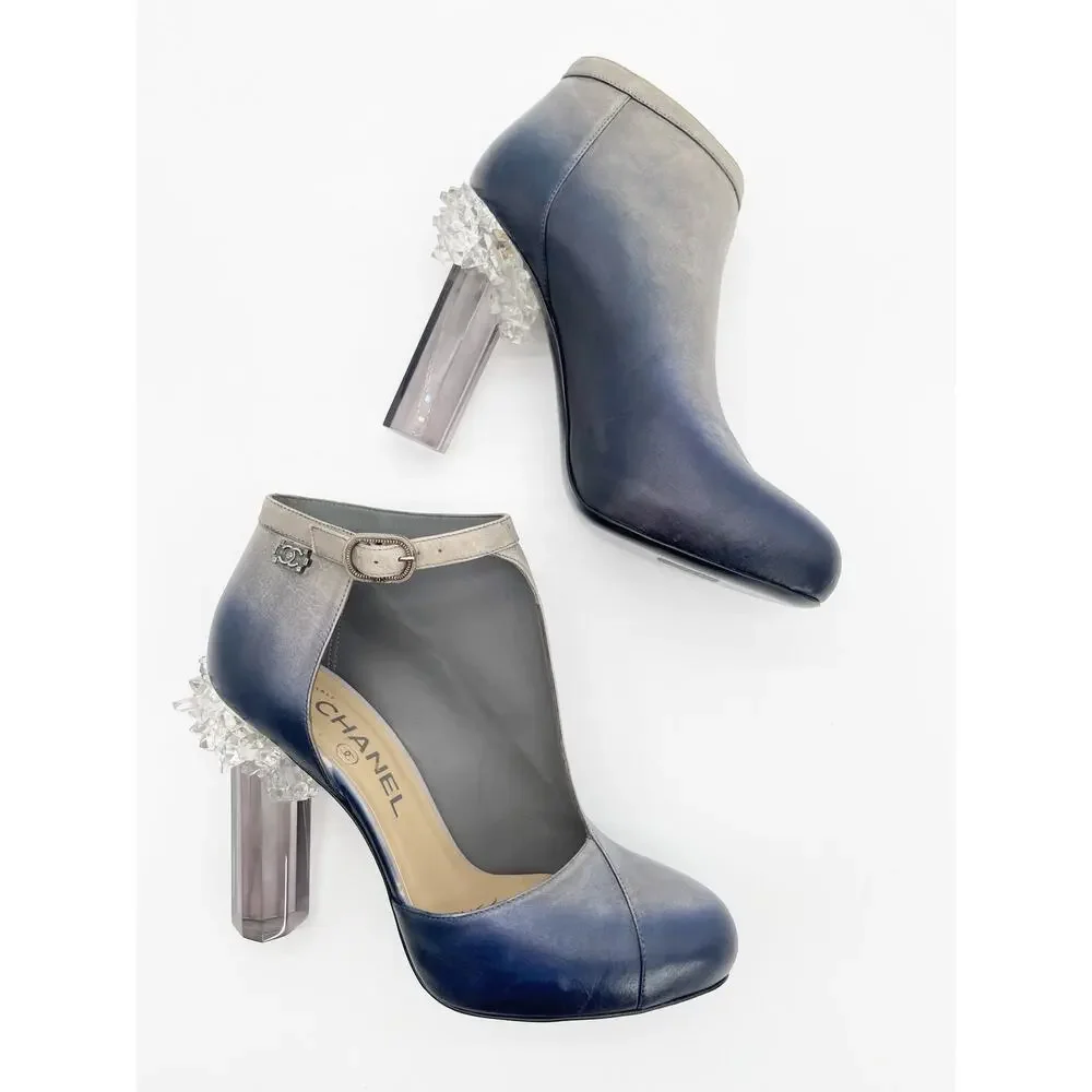 Chanel Fall 2012 Runway Navy Silver Ombre Leather Lucite Ice Crystal Heels EU 37